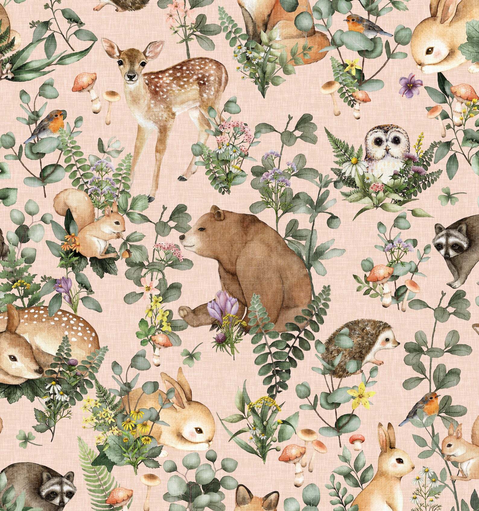 Watercolor seamless pattern with forest animals and natural elements Deer  fox raccoon rabbit green trees pine fir flowers Woodland creatures  in the wild Illustration for nursery wallpaper Stock Illustration  Adobe  Stock